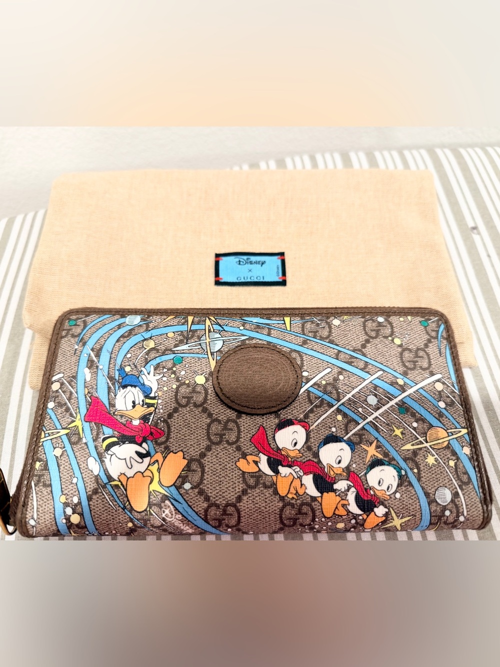 Gucci Brown Monogram Zip Wallet with Disney Collab Donald Duck and nephews